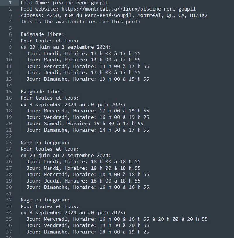 Extracted pool schedule as plain text, with days, times and activity types