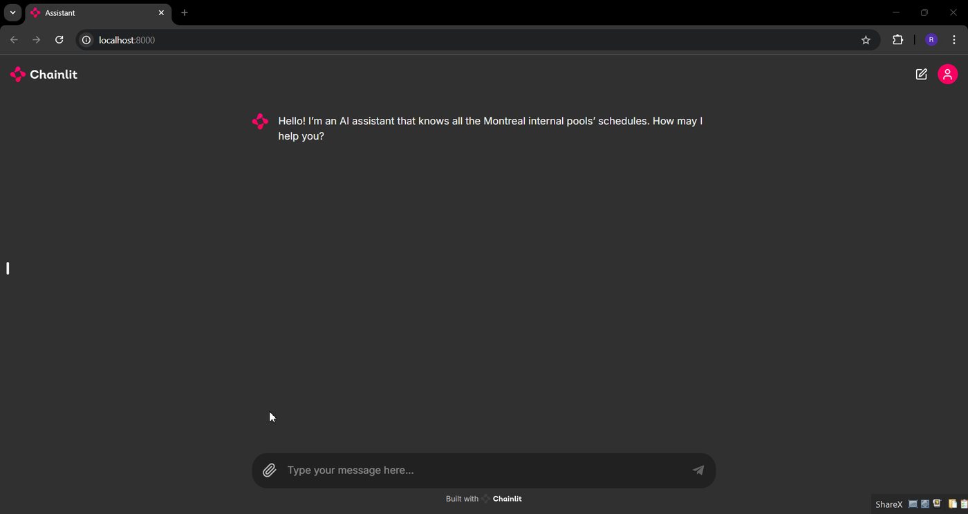 The finished chatbot answering a question about pool availability, citing the pool's page as its source