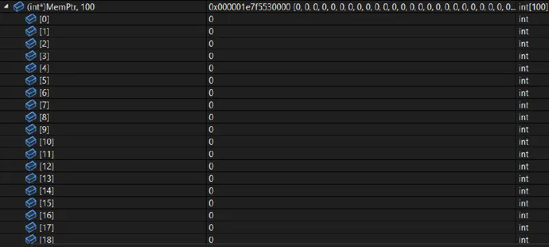 Visual Studio memory window showing freshly allocated memory filled with zeros