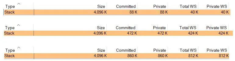 VMMap showing stack committed memory increasing with larger local arrays