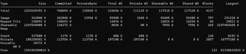 Memory Tracer output side by side with a VMMap snapshot showing matching figures