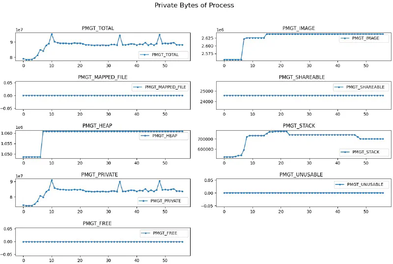 Exported chart of the process's private bytes grouped by memory type